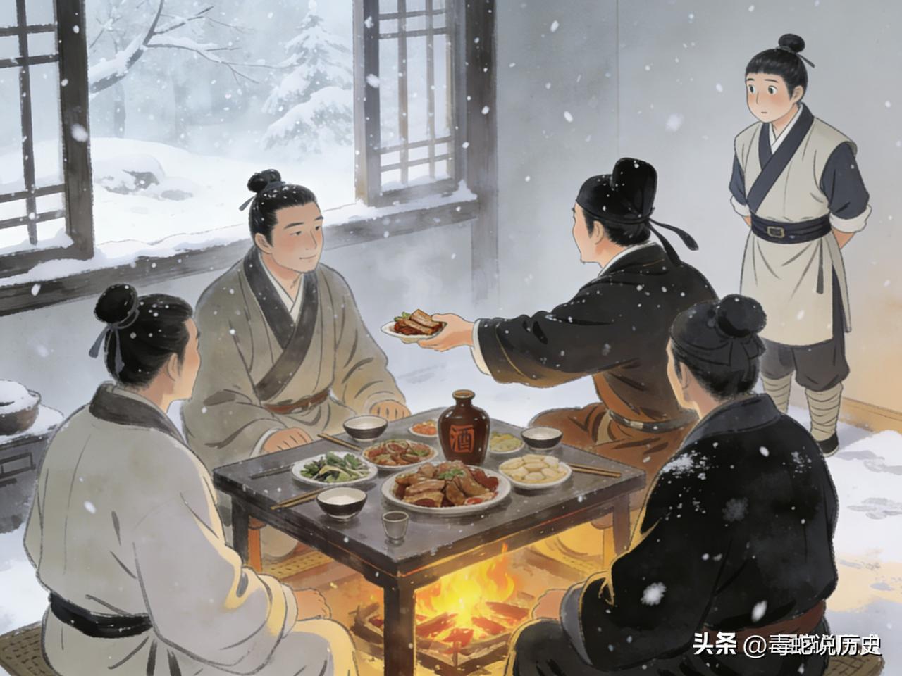 南朝梁时，阴铿任法曹参军。有一年冬天大雪纷飞，他和同僚们围炉宴饮，觥筹交错，酒肉