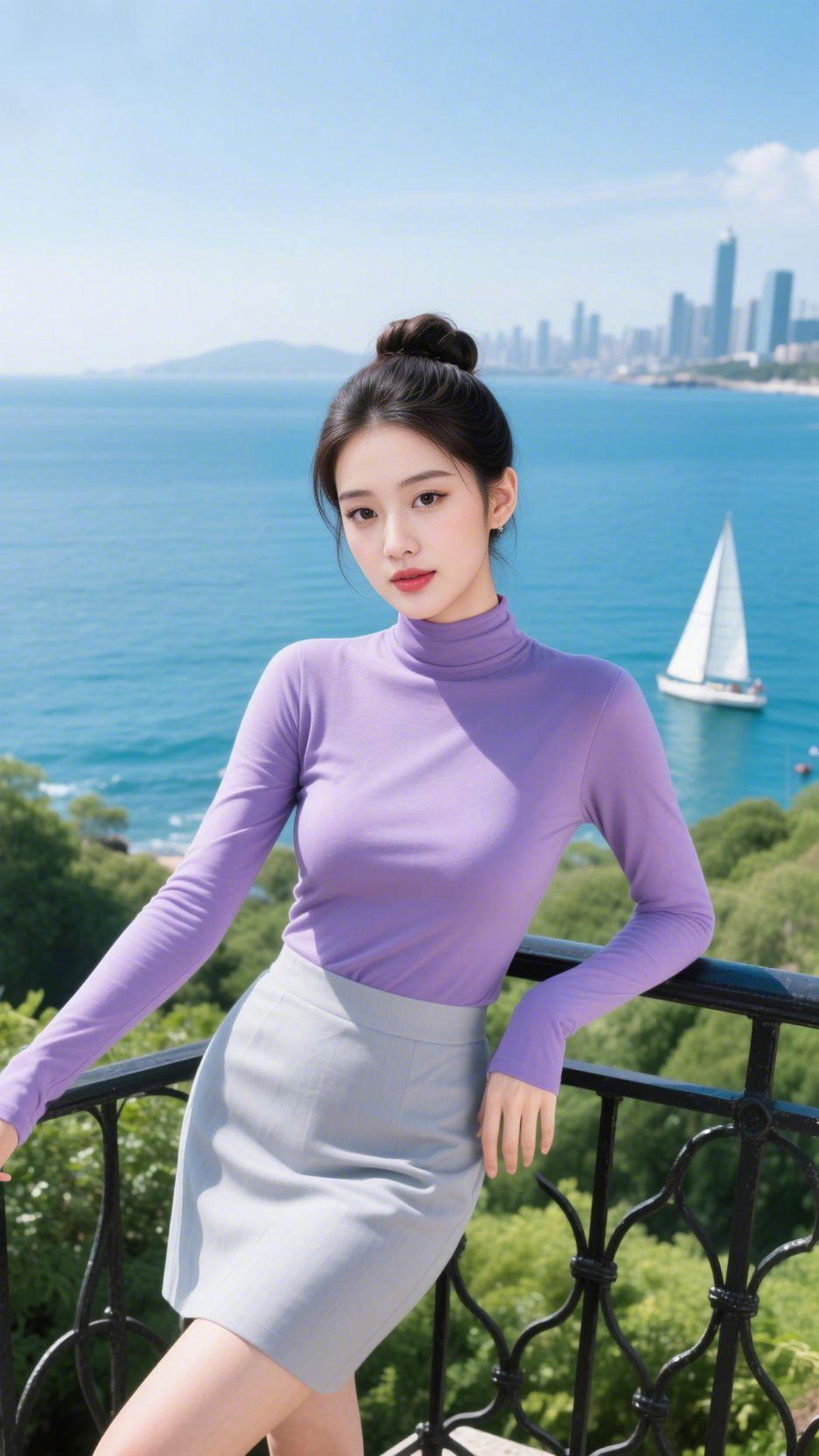 晴海凭栏
 
碧海连天万里晴，
长天如洗浪光明。
孤帆远逐沧波去，
远岫横浮晓气