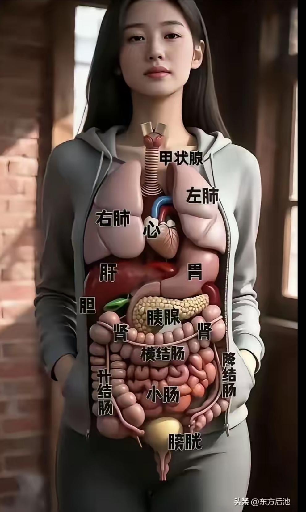 网友发的这张人体内部器官结构图很直观，配上美女背景看了不会产生不适感。
    