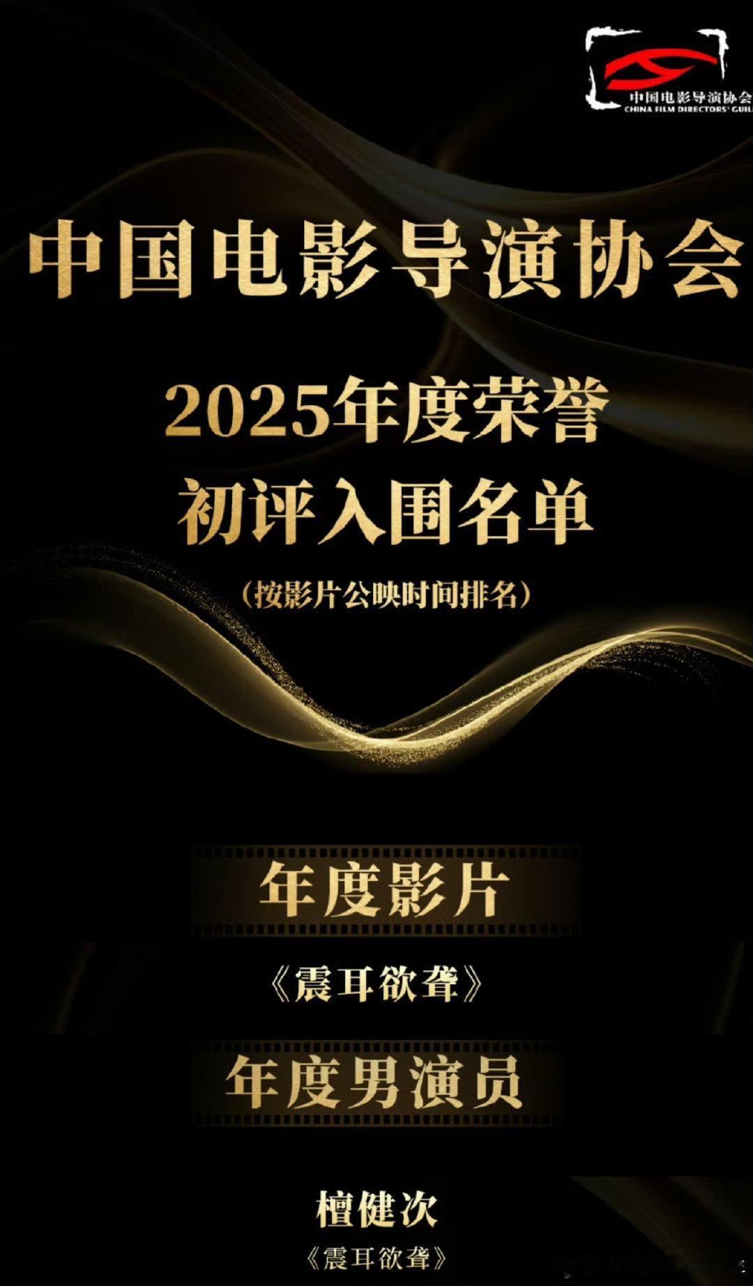 恭喜🎉檀健次李淇入围中国电影导演协会2025年度男演员，震耳欲聋入围年度影片！
