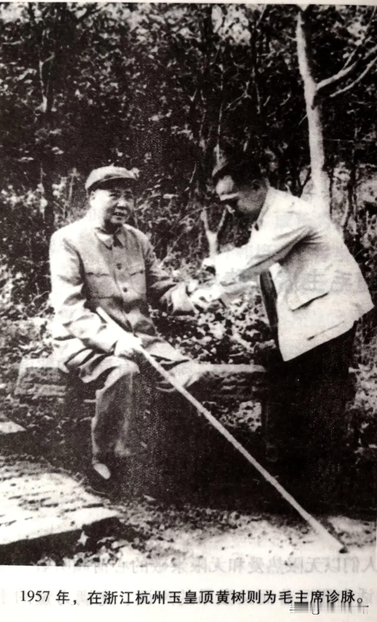 1957年杭州玉皇顶，黄树则为毛主席诊脉。山林清幽，伟人静坐山石，一根手杖相伴，