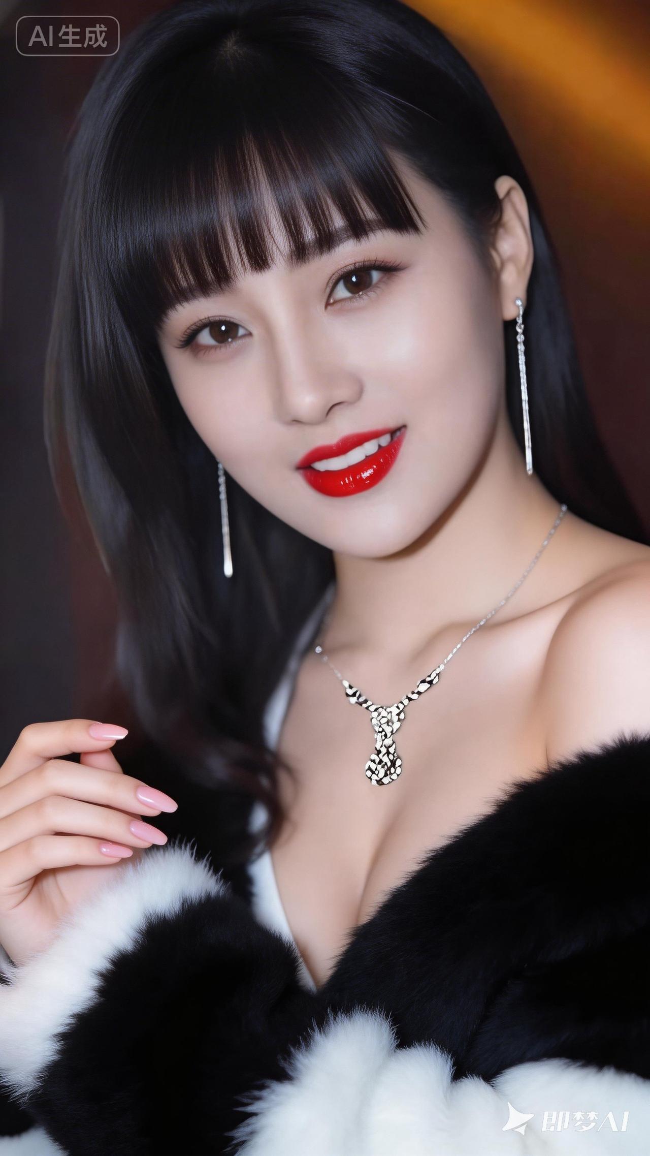 红唇黑发，优雅迷人，时尚项链，尽显魅力！