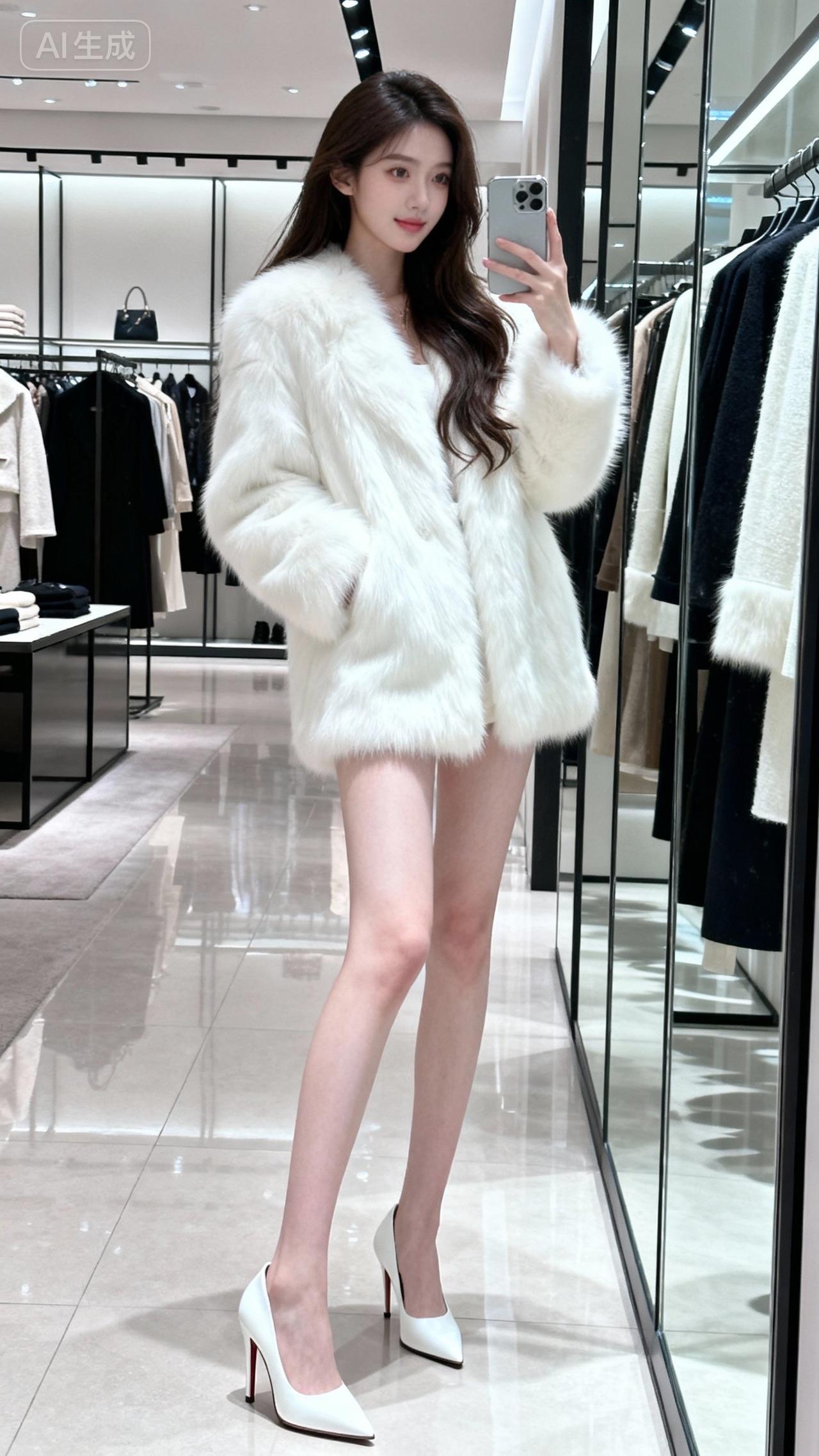 毛茸茸的白色外套，搭配高跟鞋，温暖又时尚！🌟👗👠毛绒绒穿搭