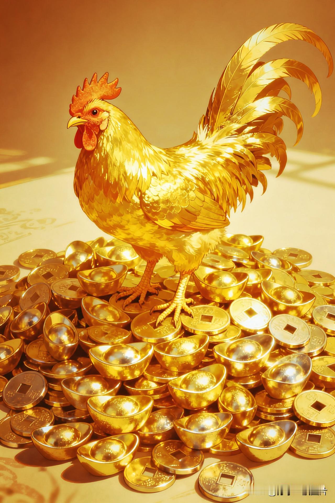 金鸡傲立元宝堆，
富贵荣华展翅来。