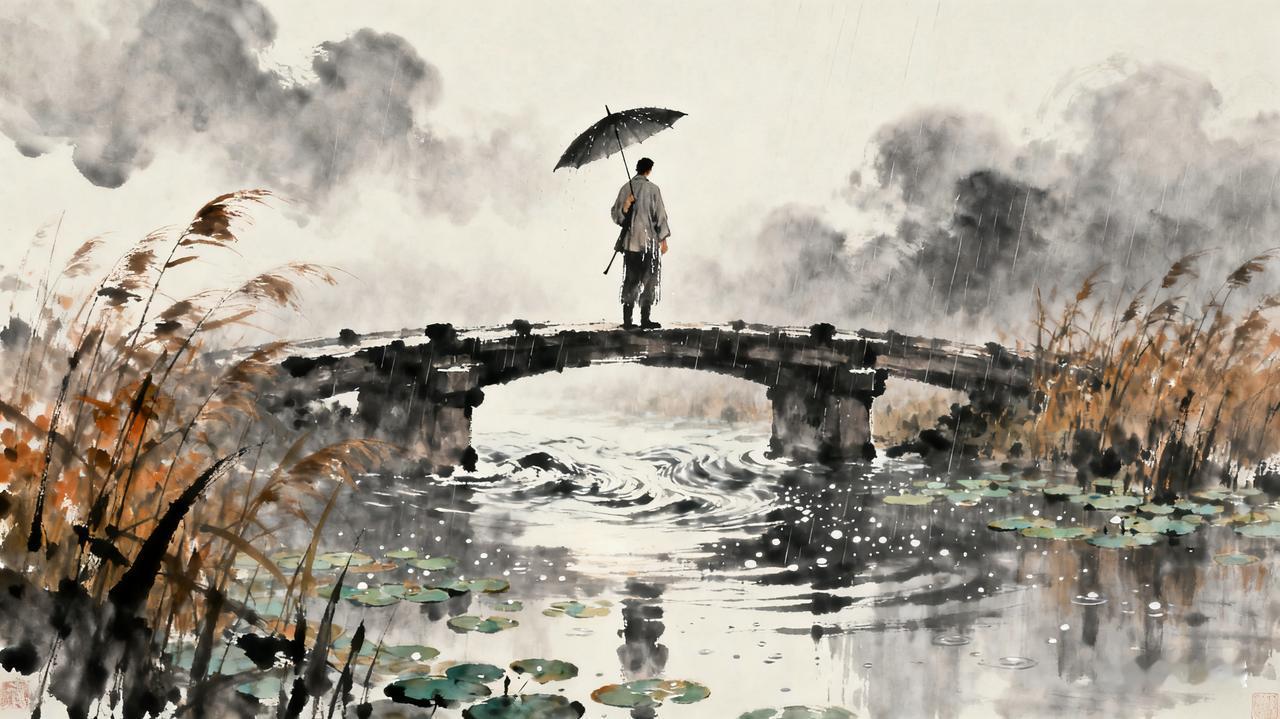 秋江桥畔寄清寒
秋雨因何湿我衣，我立桥头伞难持。
落水不知人身冷，秋风不识人身湿