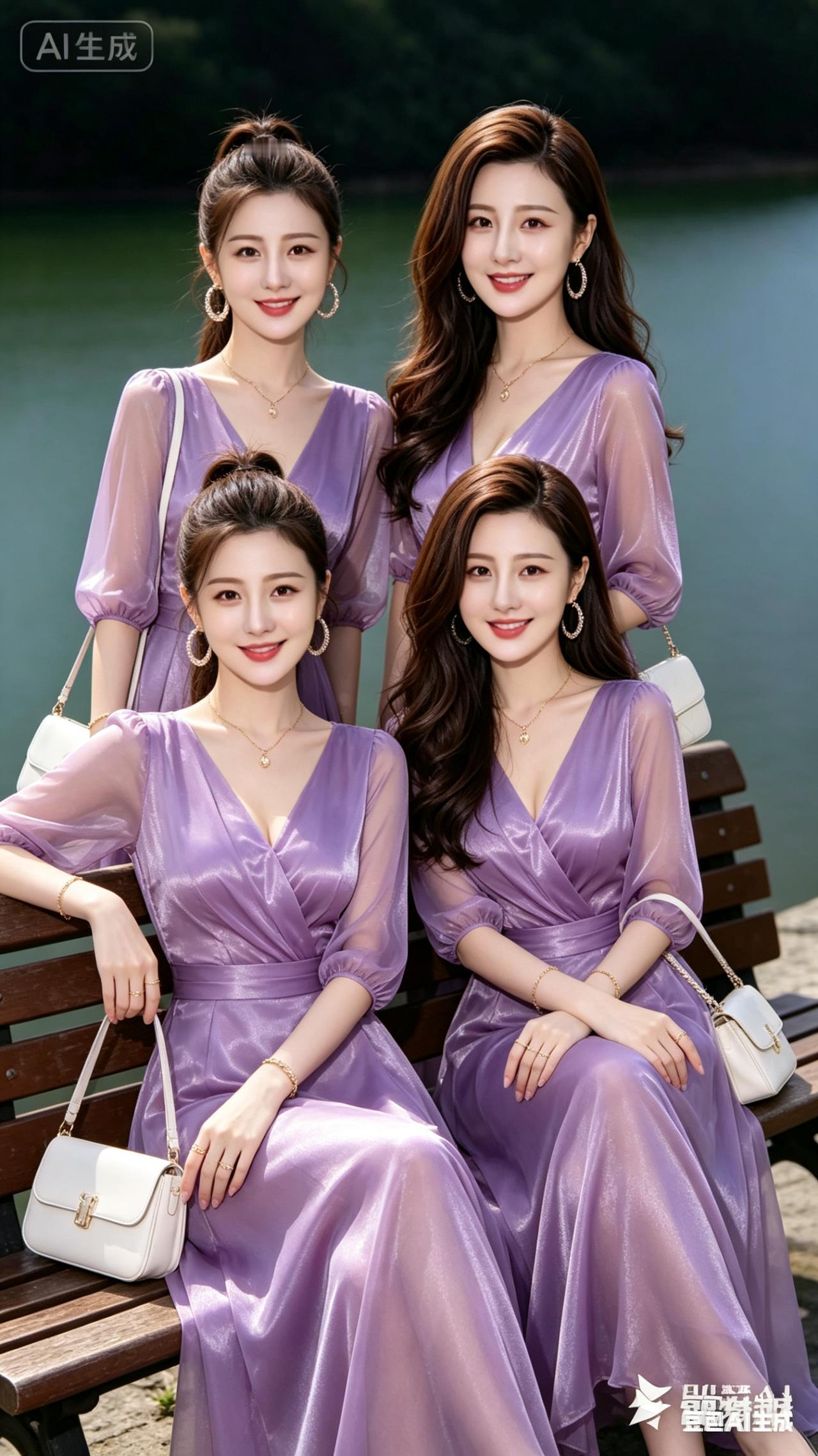 紫色长裙，湖畔合影，姐妹情深💕