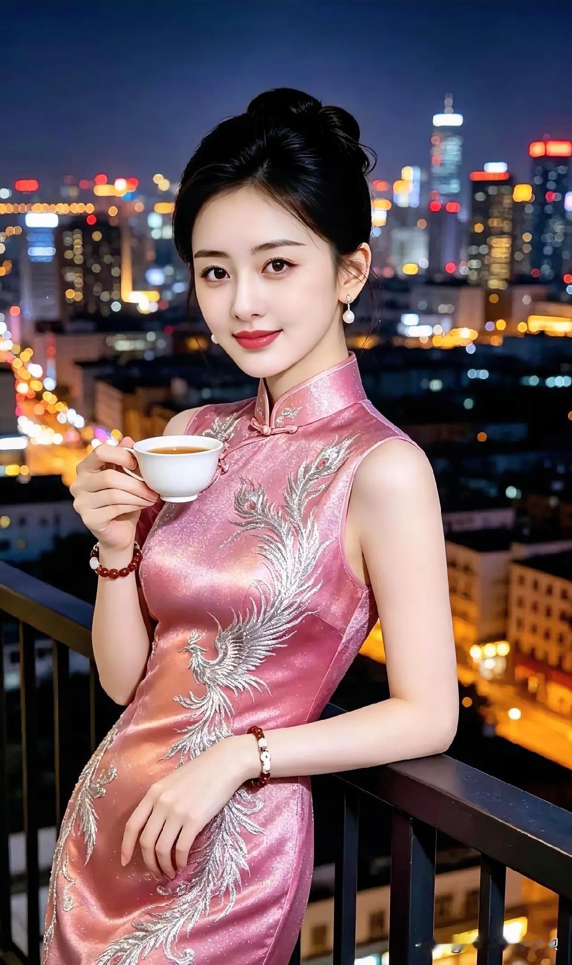 一袭粉衣，银凤翩跹。她手捧清茶，笑意盈盈，将城市的喧嚣化作杯中宁静，于高楼之上，
