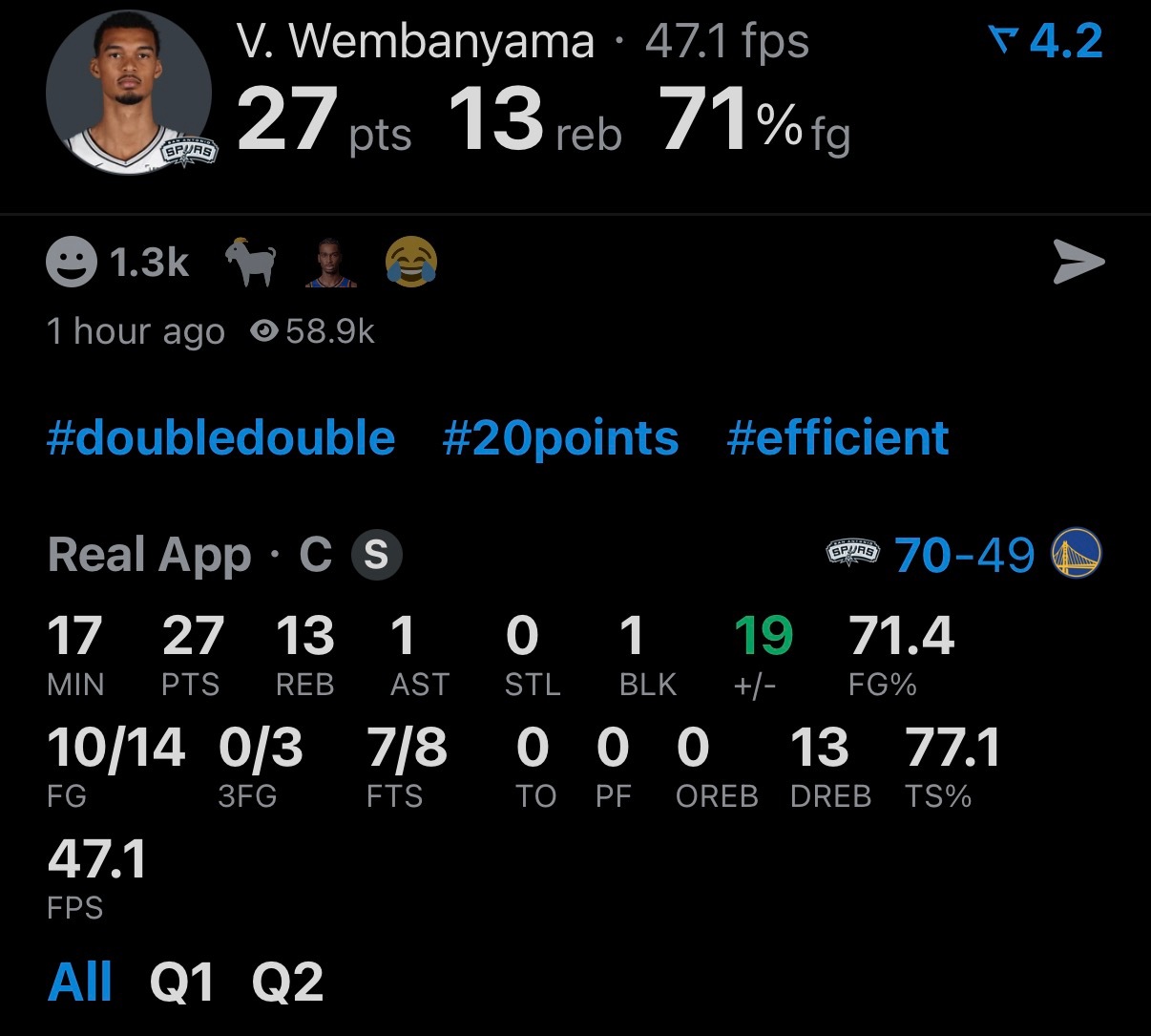勇士半场落后21分，文班亚马半场27分13篮板NBA