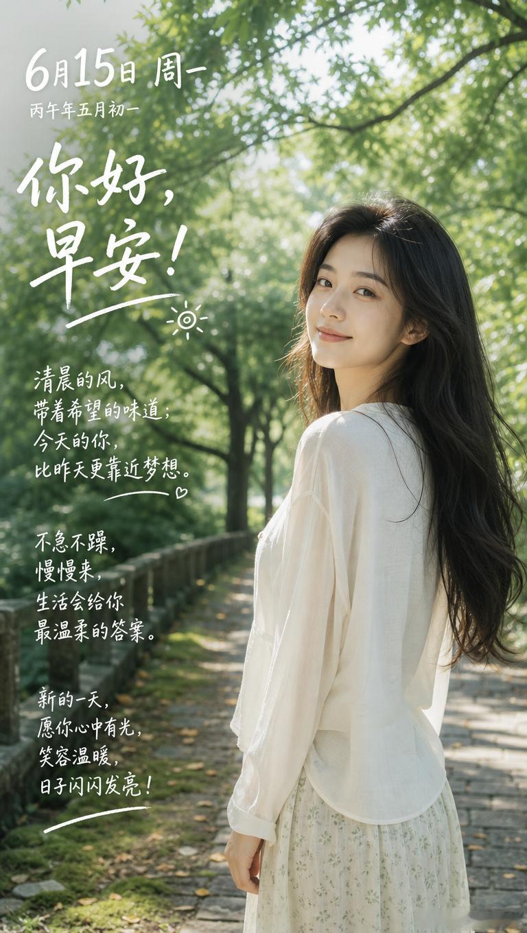 6月15日 周一丙午年五月初一你好，早安！清晨的风，带着希望的味道；今天的你，比