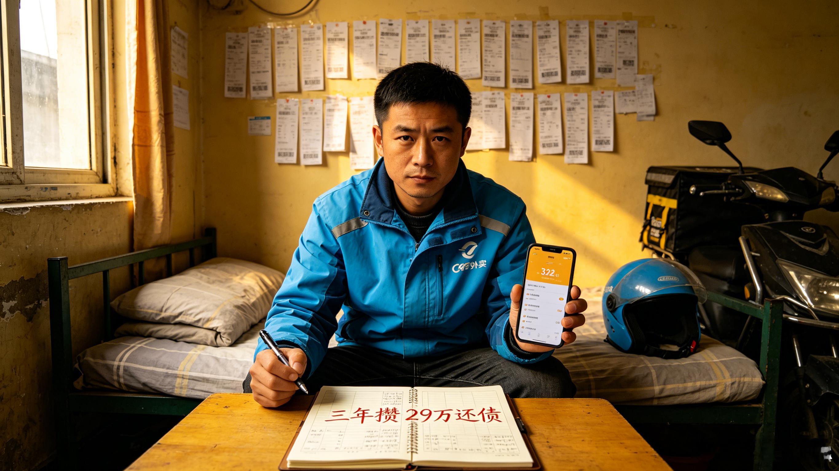 32岁外卖小哥三年攒29万还债他用了三年，跑废了两辆电动车，还清了29万债务。3