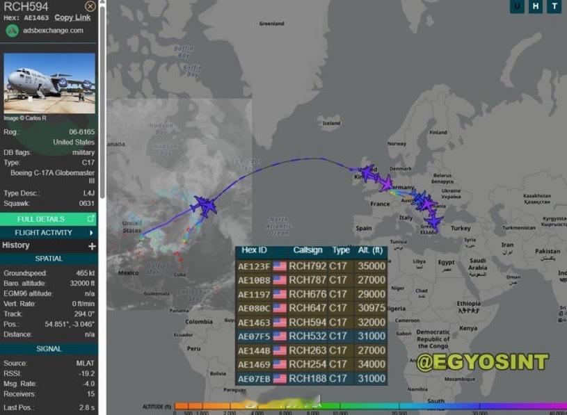 几小时前：近十架美国空军C-17“环球霸王”运输机目前正飞往中东。阿联酋为什么退