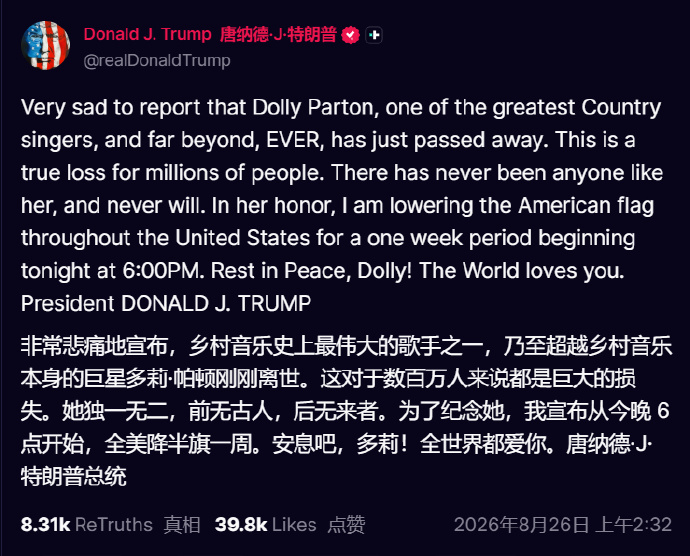 多莉帕顿去世 全美降半旗 美国乡村音乐传奇多莉·帕顿（Dolly Parton）