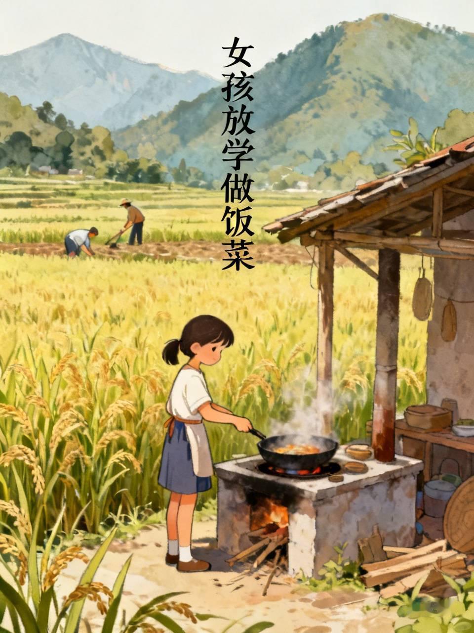 《女孩放学做饭菜》
女孩放学做饭菜，
父亲劳作田间忙。
一荤一素皆是菜，
一菜一