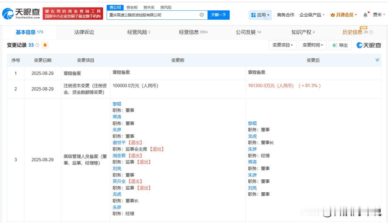 【重庆高速公路投资控股公司增资至16.13亿 增幅61.3%】
天眼查工商信息显