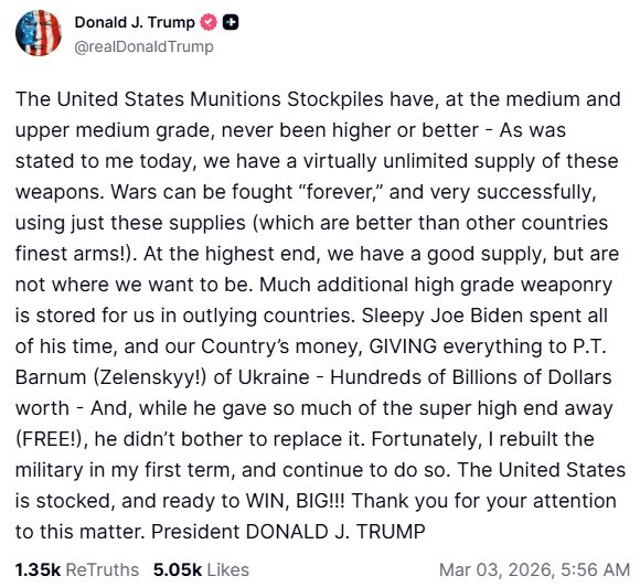 特朗普：美国的中等及中上等品级弹药储备从未像现在这样充足或优质——正如今天向我汇