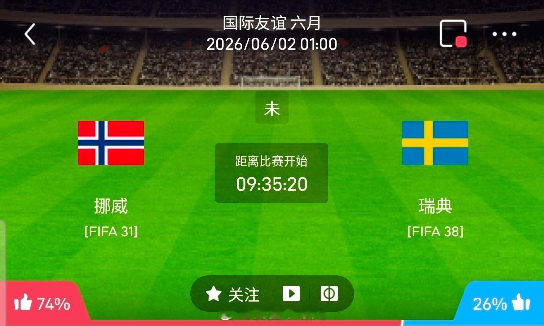 【足球】周一002国际友谊赛方向：挪威vs瑞典国际赛：挪威VS瑞典时间：2026