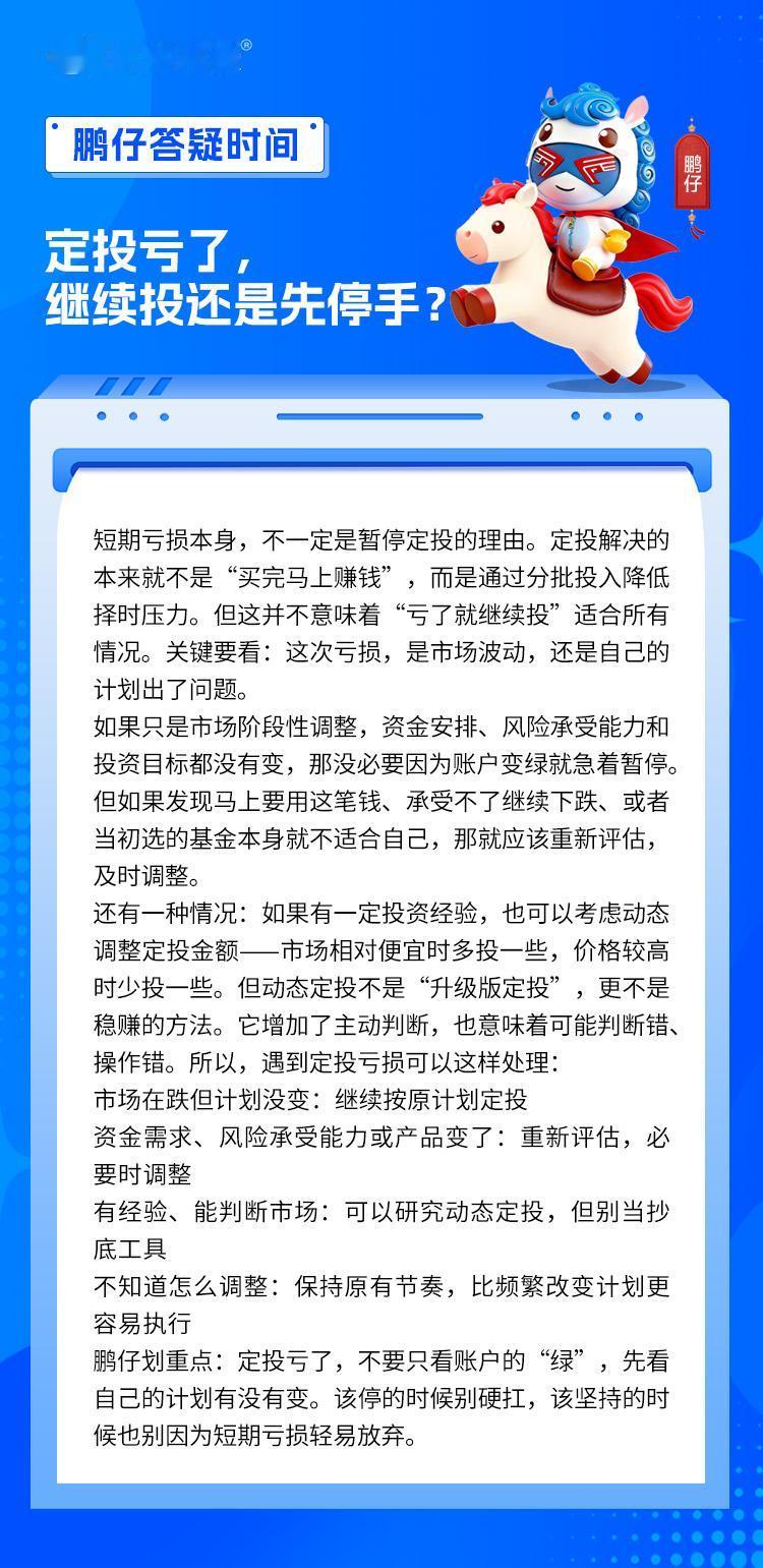 “定投亏了怎么办？要不要先停掉？”这是后台高频出现的问题之一。很多鹏友抱着“定投