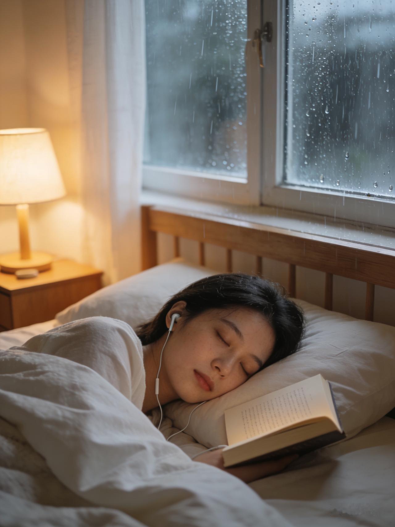 昨晚上下雨了，
听着雨声滴滴答答，特别好睡。
 
躺着听了会儿书，声音轻轻的，