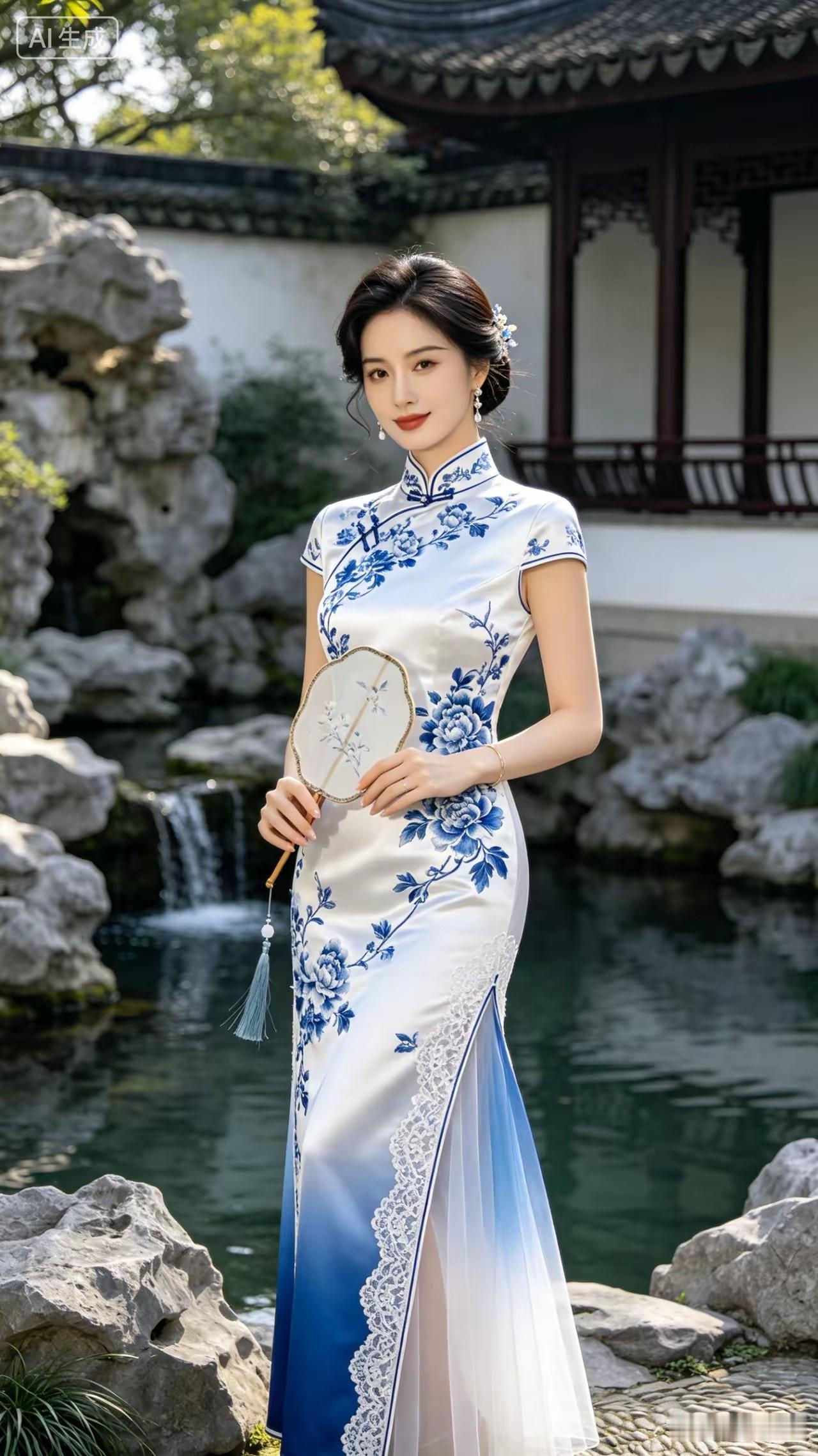 青花旗袍，别具一格。
清新淡雅 ，出水芙蓉。
楚楚动人，秀色可餐。
国色天姿，国