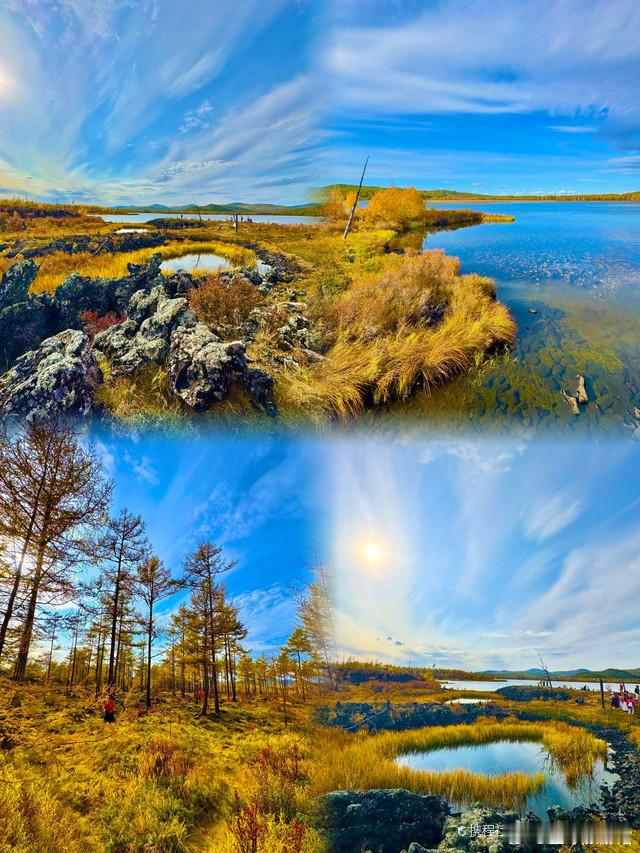 初秋，阿尔山大片林海都换上秋装，风吹云动，投射在明镜般的湖面上，与环绕着的参天树