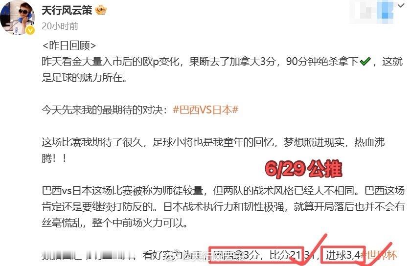 <昨日回顾>公推巴西2比1日本✅，后厨荷兰也是三个方向都点亮。今天继续3场世界杯