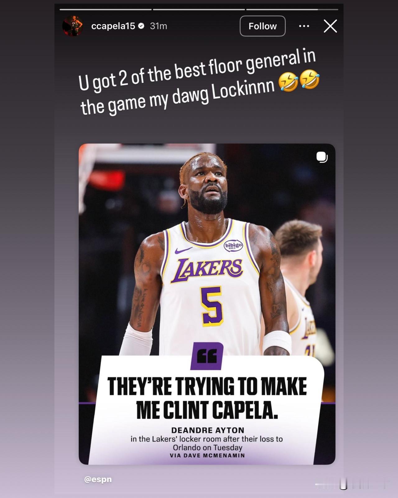 艾顿放话不做卡佩拉！卡佩拉更新社媒：“我的兄弟，你身边有两个最好的后卫。”

北