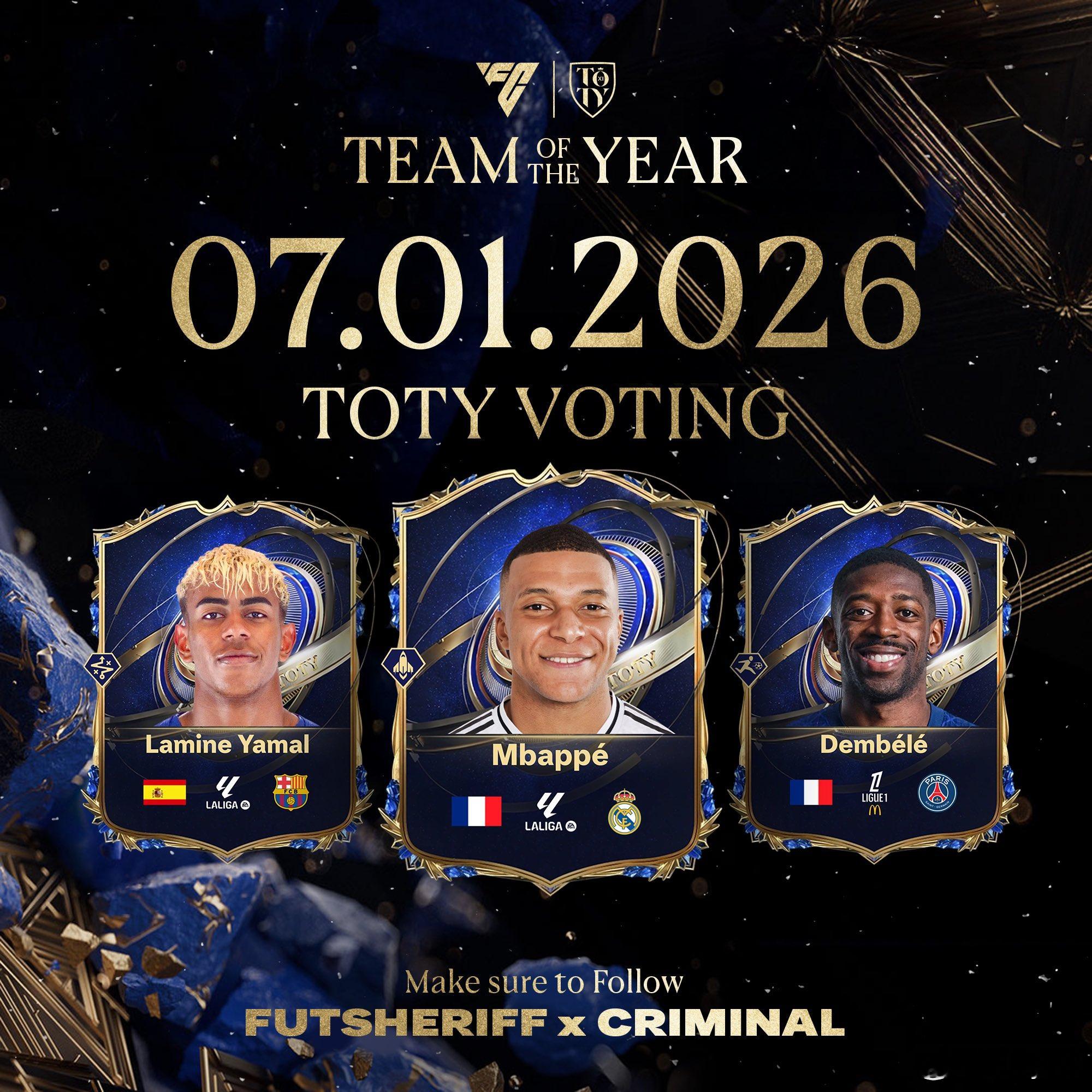 年度蓝即将来临。Team of the Year年度最佳阵容票选将从1月7日正式