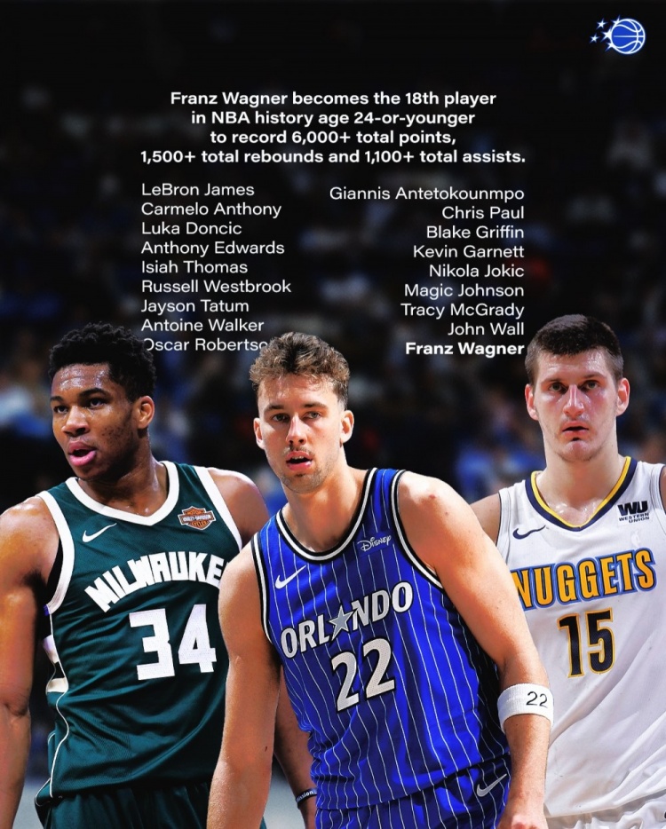 历史第18位！小瓦格纳24岁前达成6000分1500板1100助！