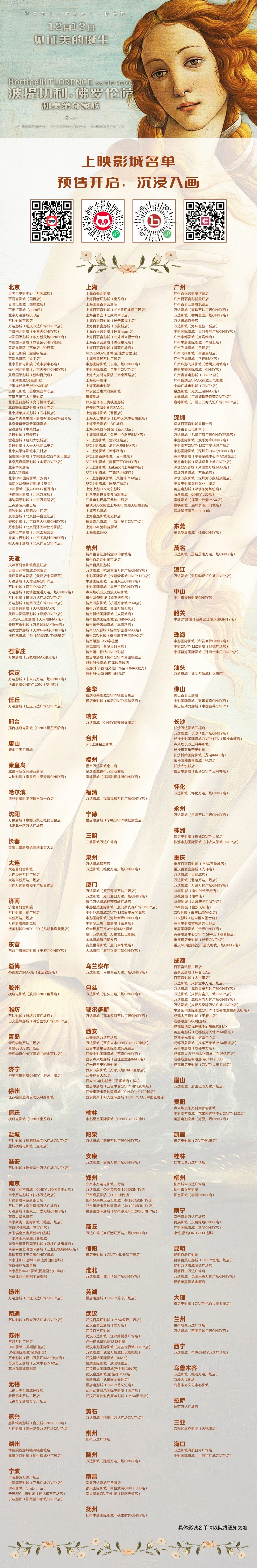 波提切利,佛罗伦萨和美第奇家族  今天正式上映，本片采取分线发行，全国仅少部分影