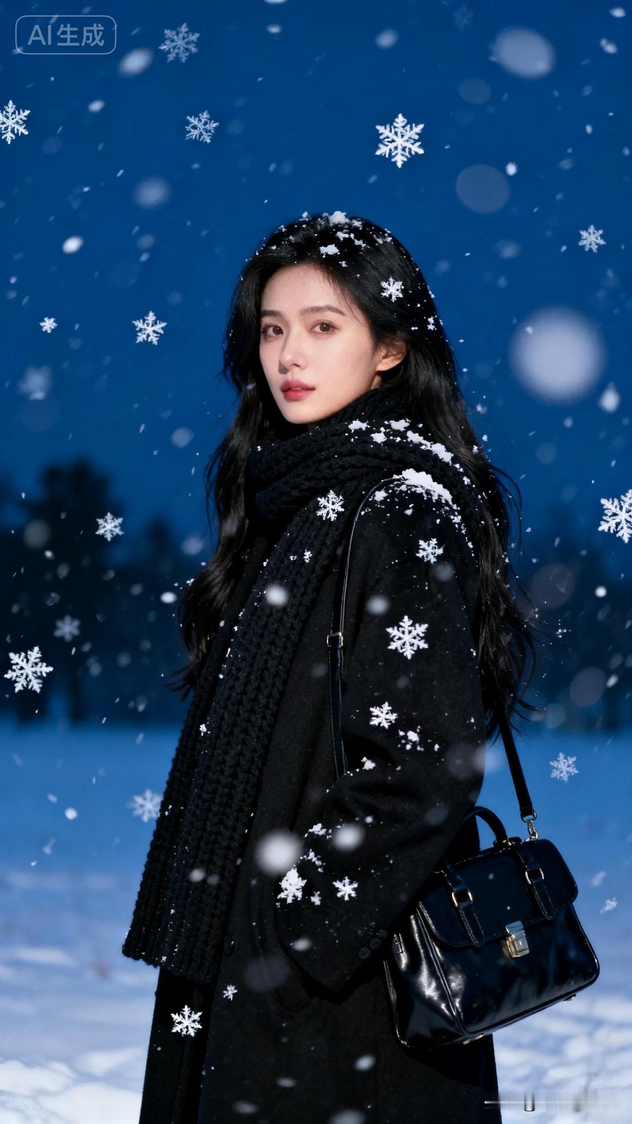 雪花飘落，她站在雪地里。
