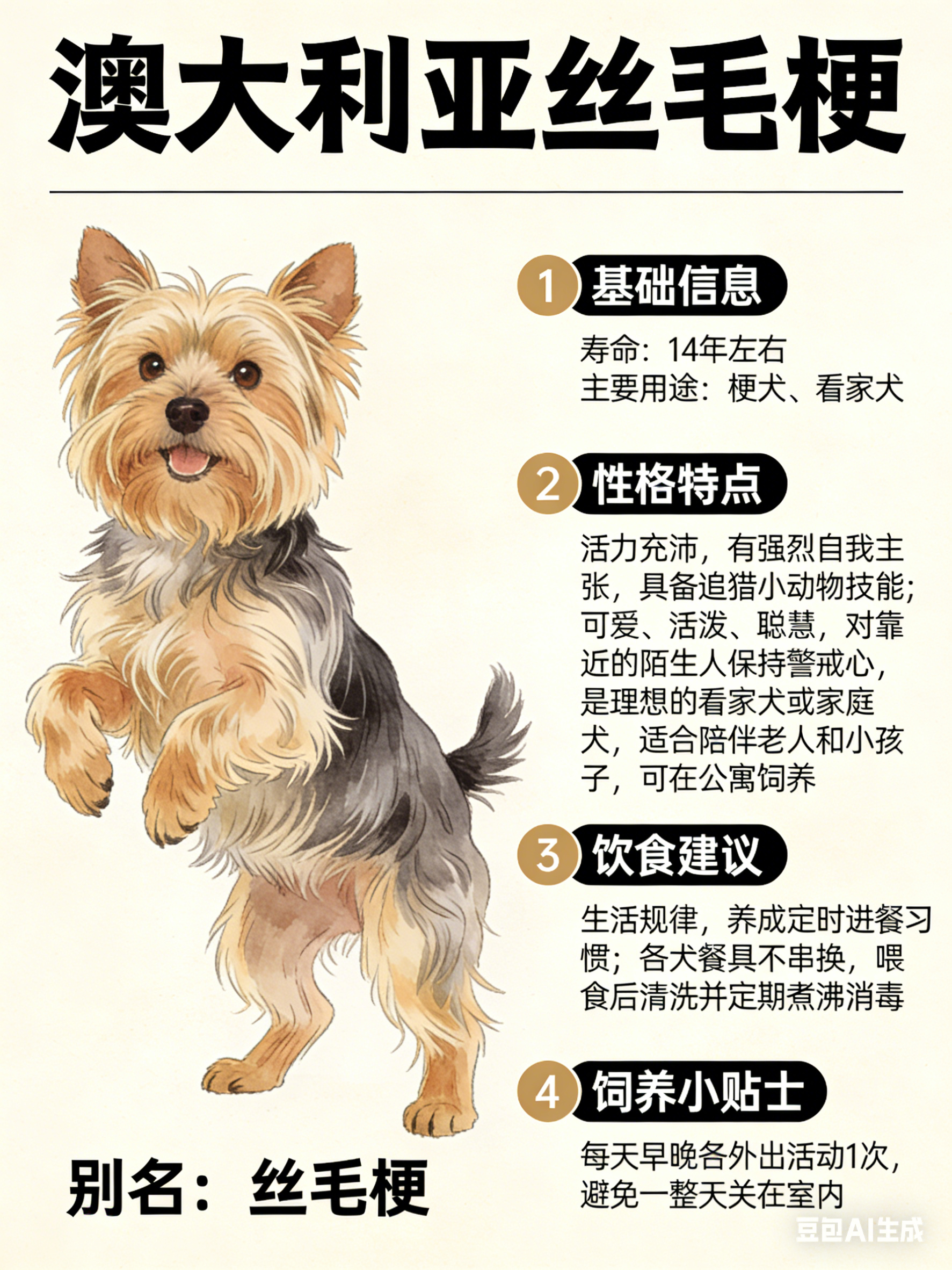 我AI的动物 澳大利亚丝毛梗别名：丝毛梗寿命：14年左右主要用途：梗犬、看家犬澳