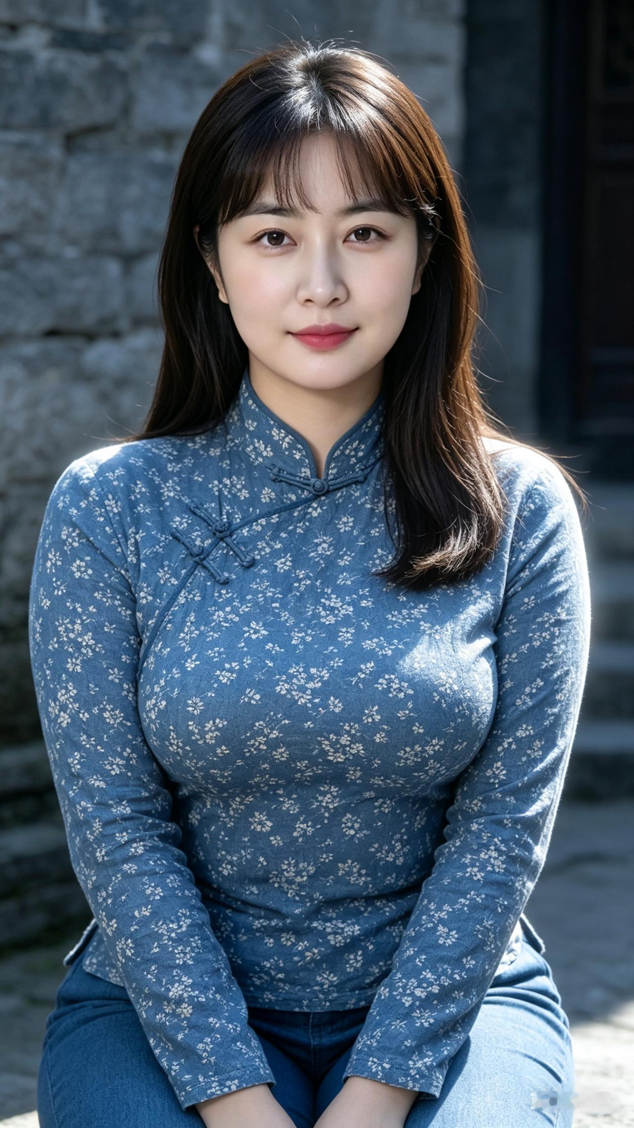 鹅蛋脸东方女子留70年代内扣鲍勃直发，冷白皮身段丰腴曼妙，身着蓝底碎花斜襟麻制套