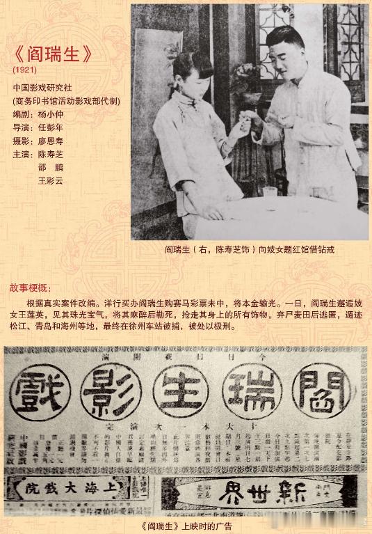 1920年中国第一部长故事片《阎瑞生》在上海拍摄，它与《海誓》、《红粉骷髅》等三