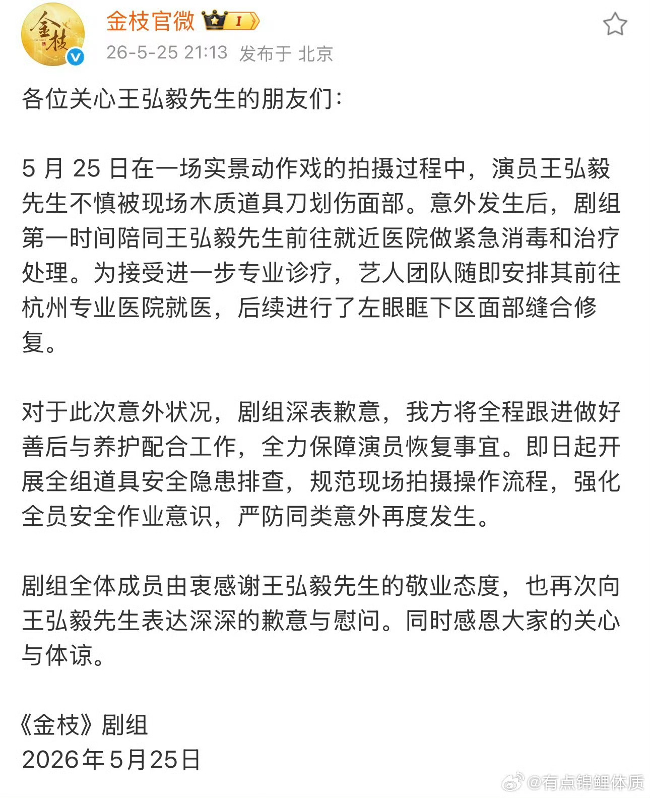 金枝剧组给王弘毅道歉《金枝》剧组于2026年5月25日发布公开声明，就演员王弘毅