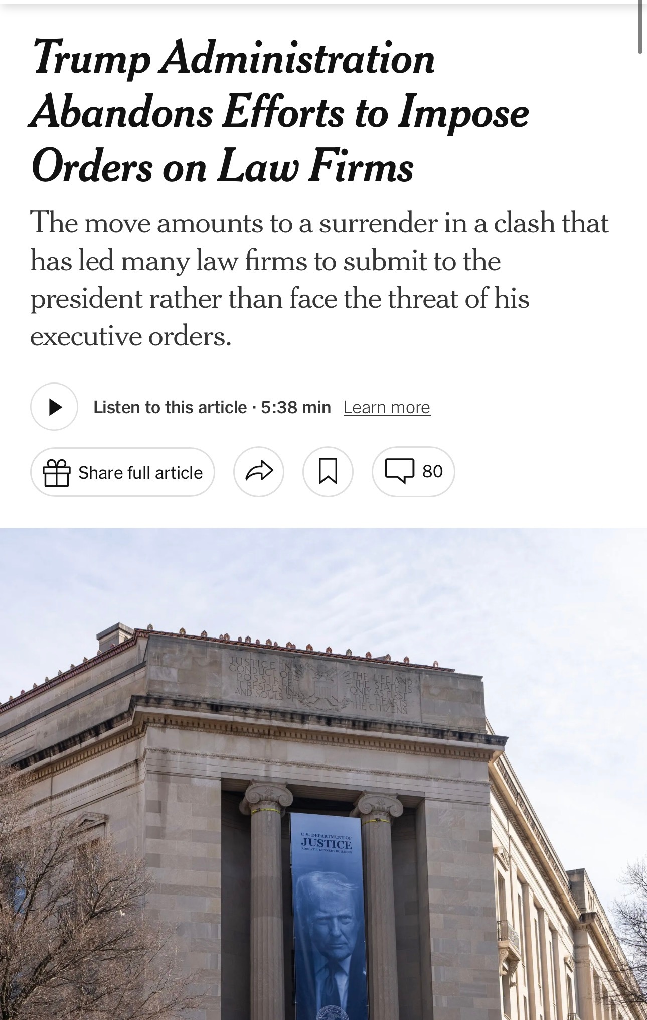 据纽约时报，特朗普政府对拒绝向总统屈服的律师事务所发起的攻击已经失败，针对这些事