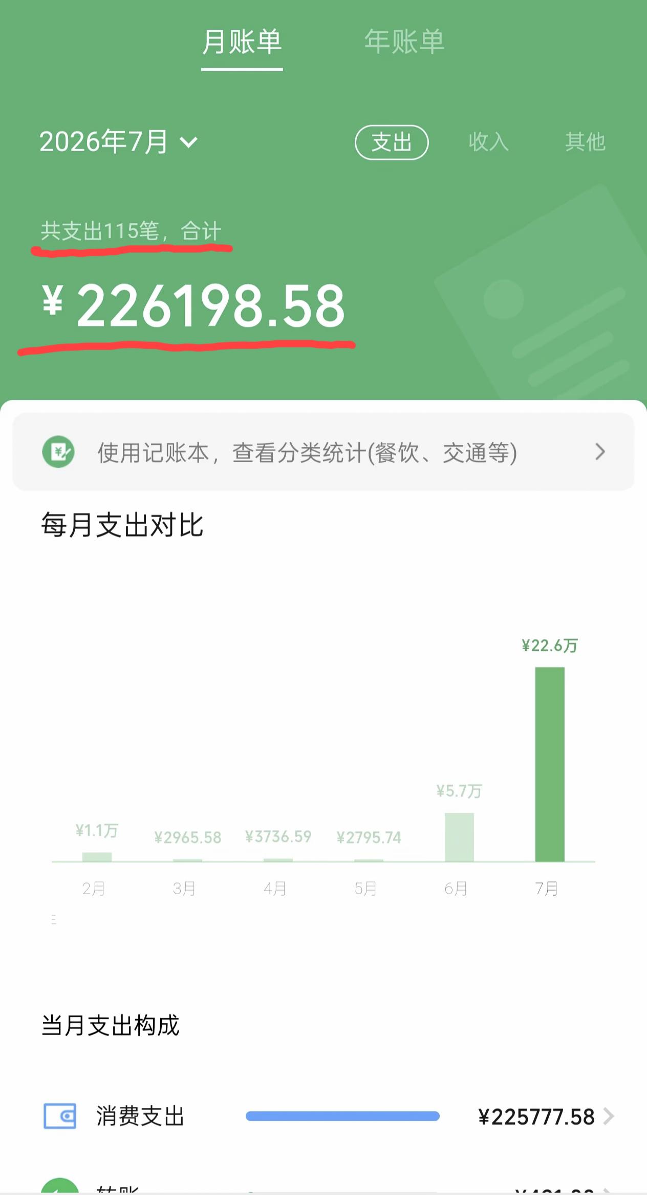 网友晒出他本年度的每月支出账单，其中6月份支出5.7万，7月份到目前为止已经支出