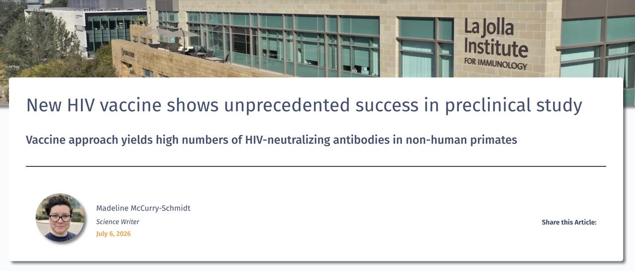 【免疫系统的“通识教育”：HIV疫苗研究迈出关键一步】拉霍亚免疫研究所与Scri