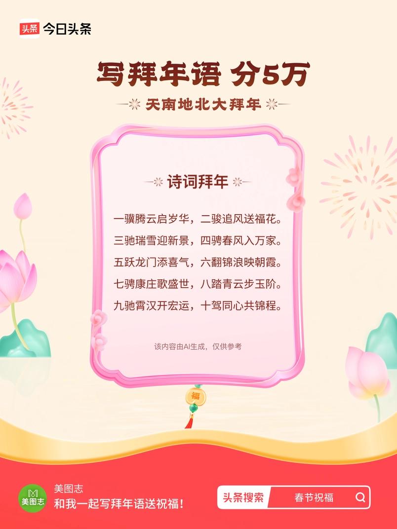 写拜年语送祝福新春拜年送祝福！我的祝福是：“一骥腾云启岁华，二骏追风送福花。三驰