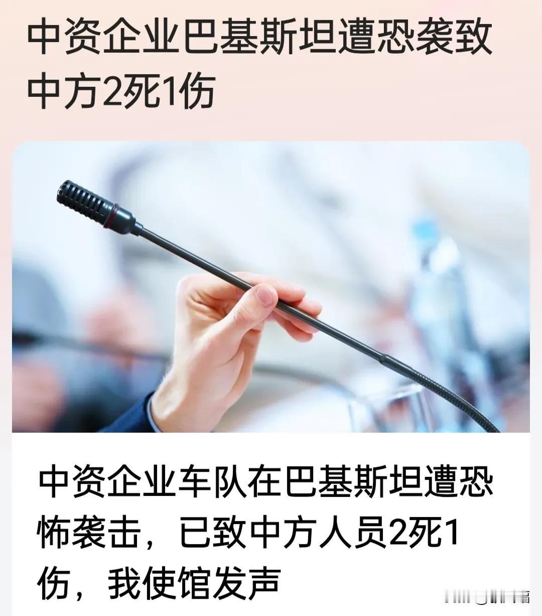 来自环球网:中资企业车队10月6日晚11时许在巴基斯坦遭恐怖袭击，已致中方人员2