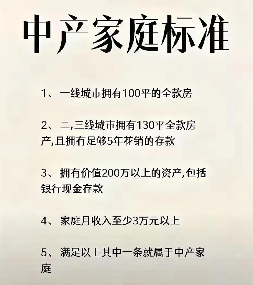 这个中产家庭标准，有多少家庭能达到呢？


估计有80%的家庭达不到这个标准。