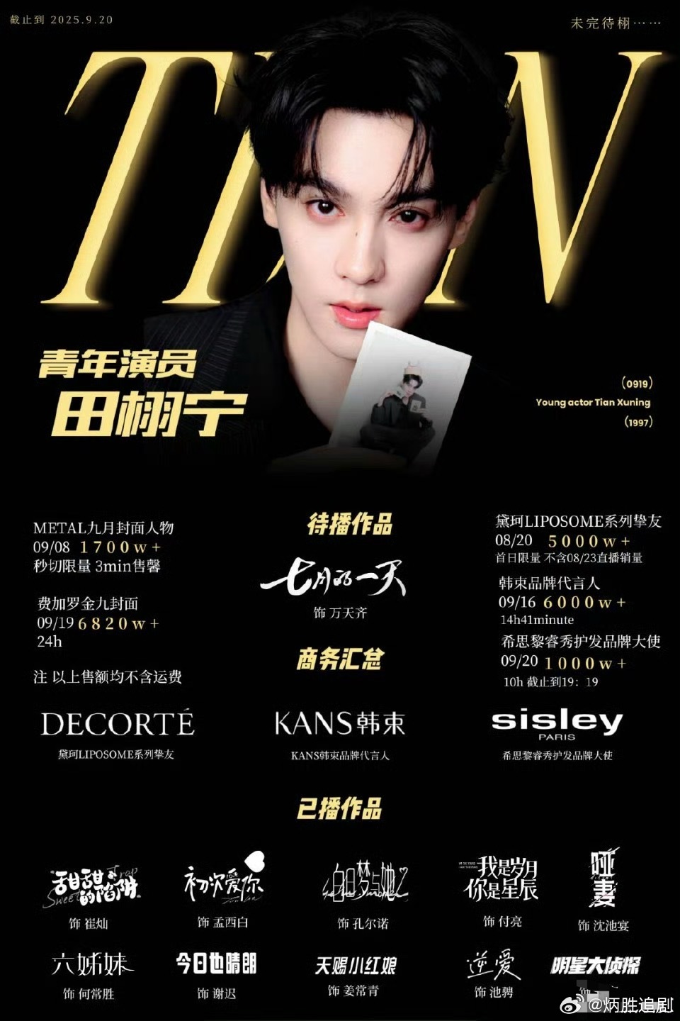 田栩宁必然是今年夏天最爆且升咖的男演员了，最本质的市场认可度指标是商务数据📈。