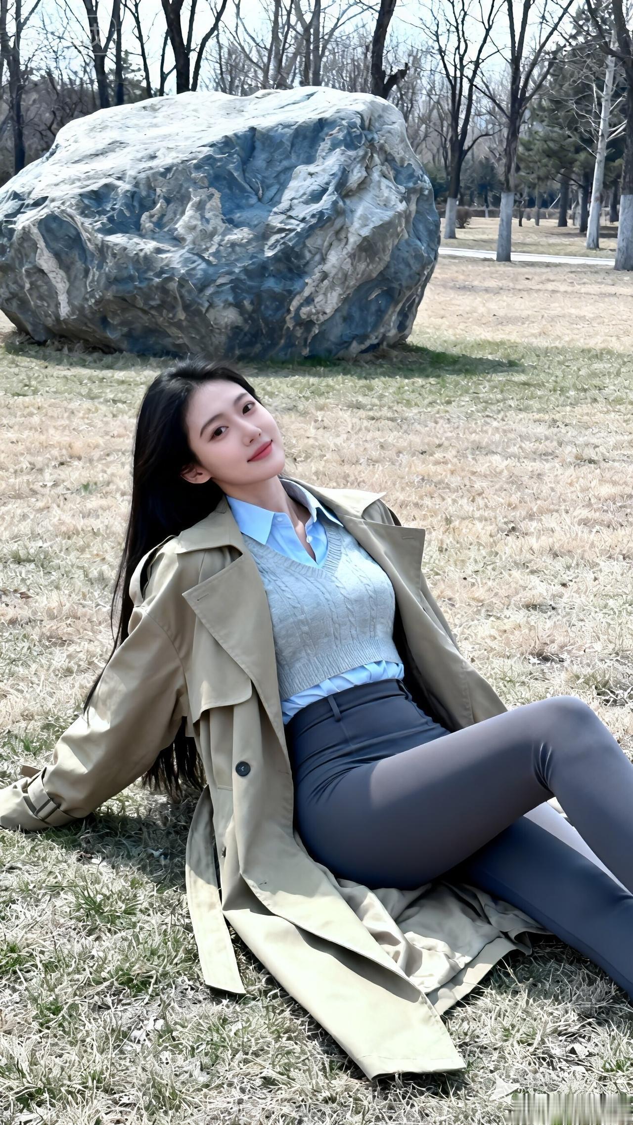 阳光明媚，女孩在草地上享受时光。