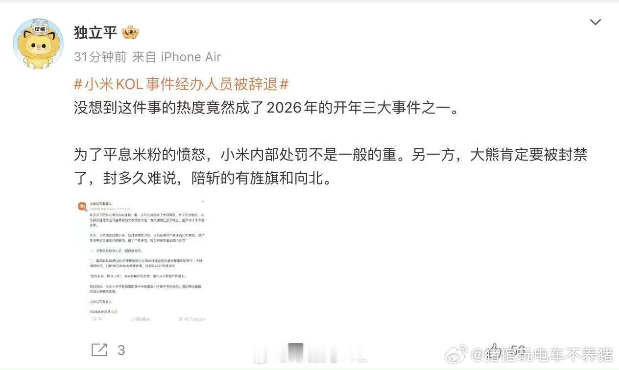 这件事搞这么大吗另外，陪斩的是啥意思大熊 小米大v聊车