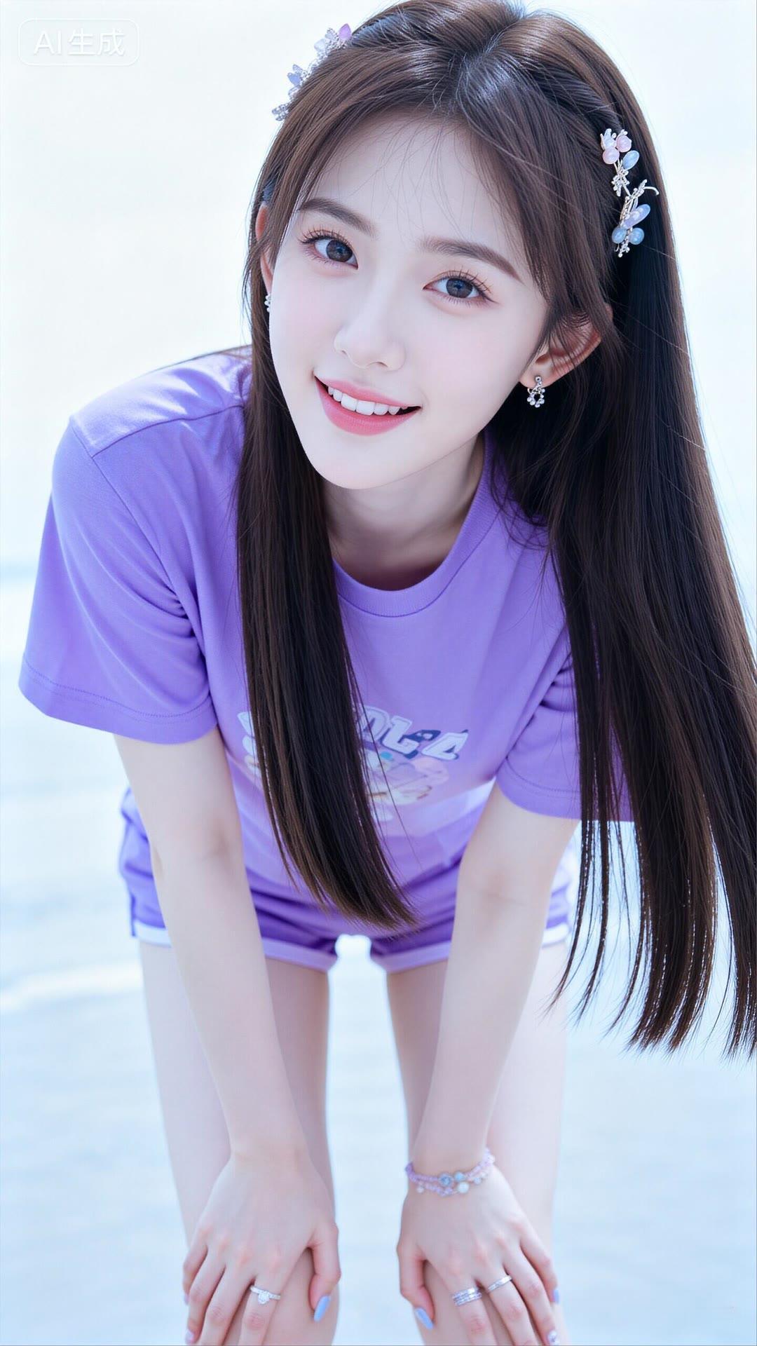 紫衣少女笑语盈盈，花簪点缀春光。
