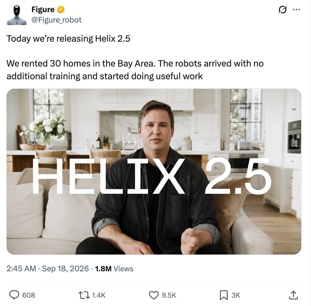 人形机器人企业 Figure 正式发布 Helix 2.5 模型，首次实现人形机