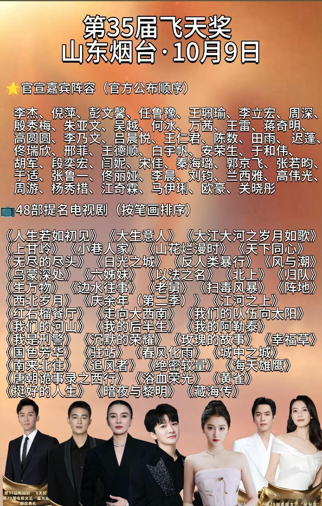 第35届飞天奖就在家门口。第35届飞天奖将于10月9日9在山东烟台举办官宣嘉宾阵