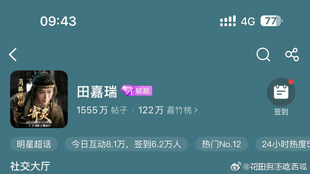 田嘉瑞超话升钻了，这次吸粉不少，角色热度也破亿了，有效剧get了 田嘉瑞月鳞绮纪