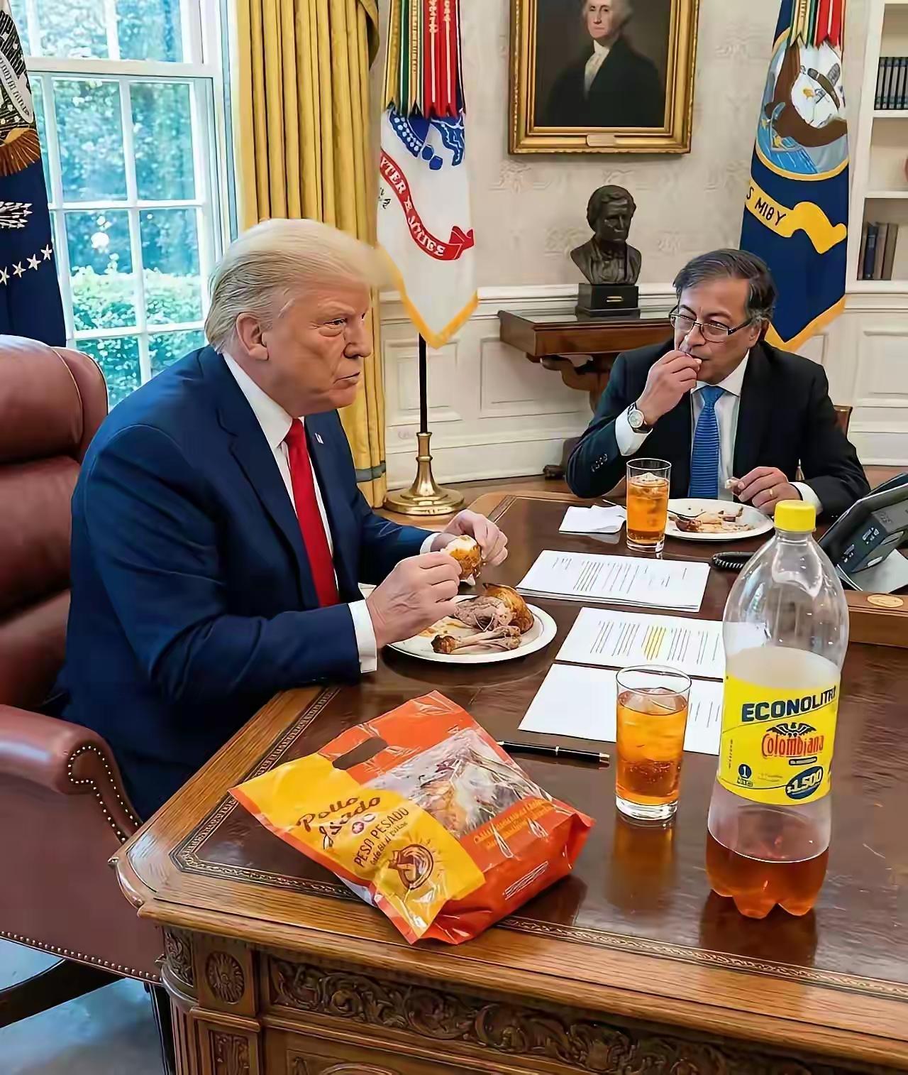 特朗普与佩特罗在白宫就吃这个快餐！
美国好歹也是大国，就是这样招待客人？[笑哭]