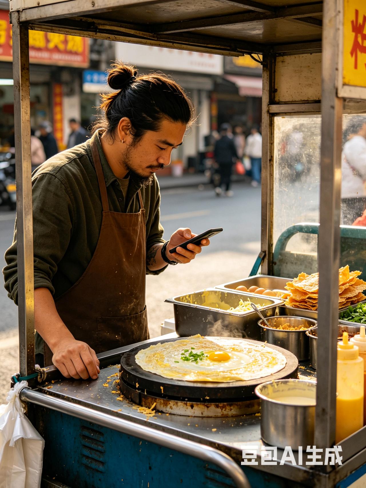 几天前，我在一个旅游景点附近，买了一个煎饼果子。
        卖煎饼果子是一
