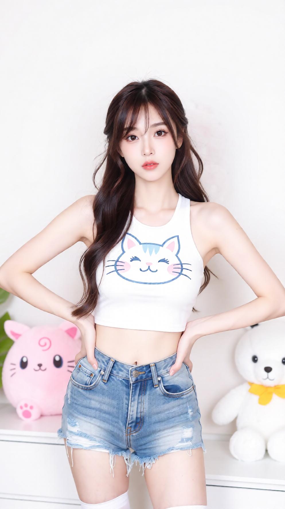 夏日甜美穿搭，猫头背心配牛仔短裤，萌趣十足！